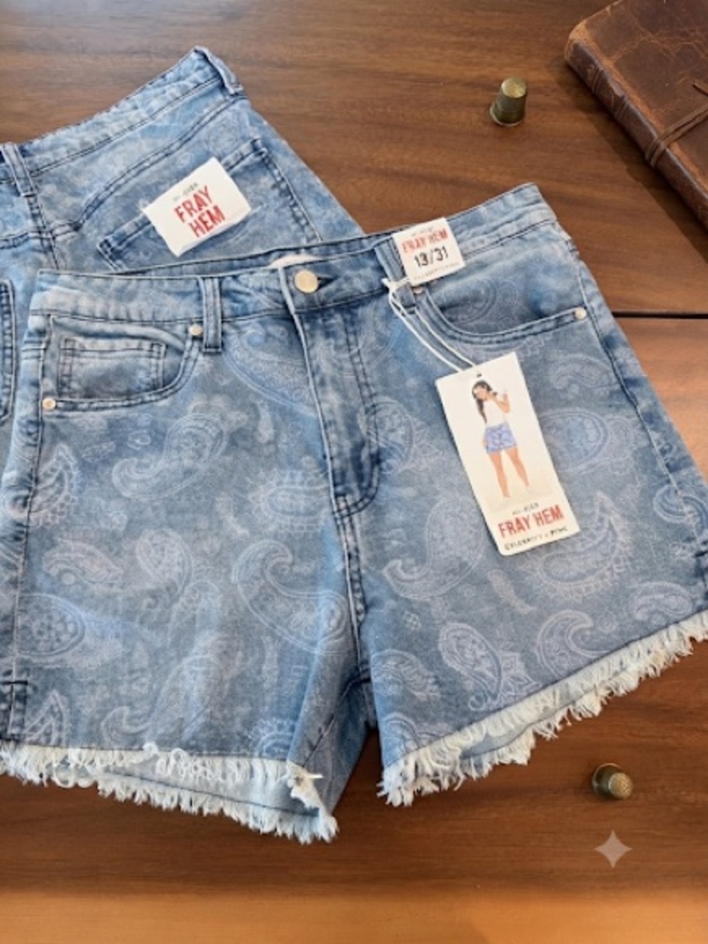 Celebrity Pink Light Blue Paisley Fray Hem Denim Shorts